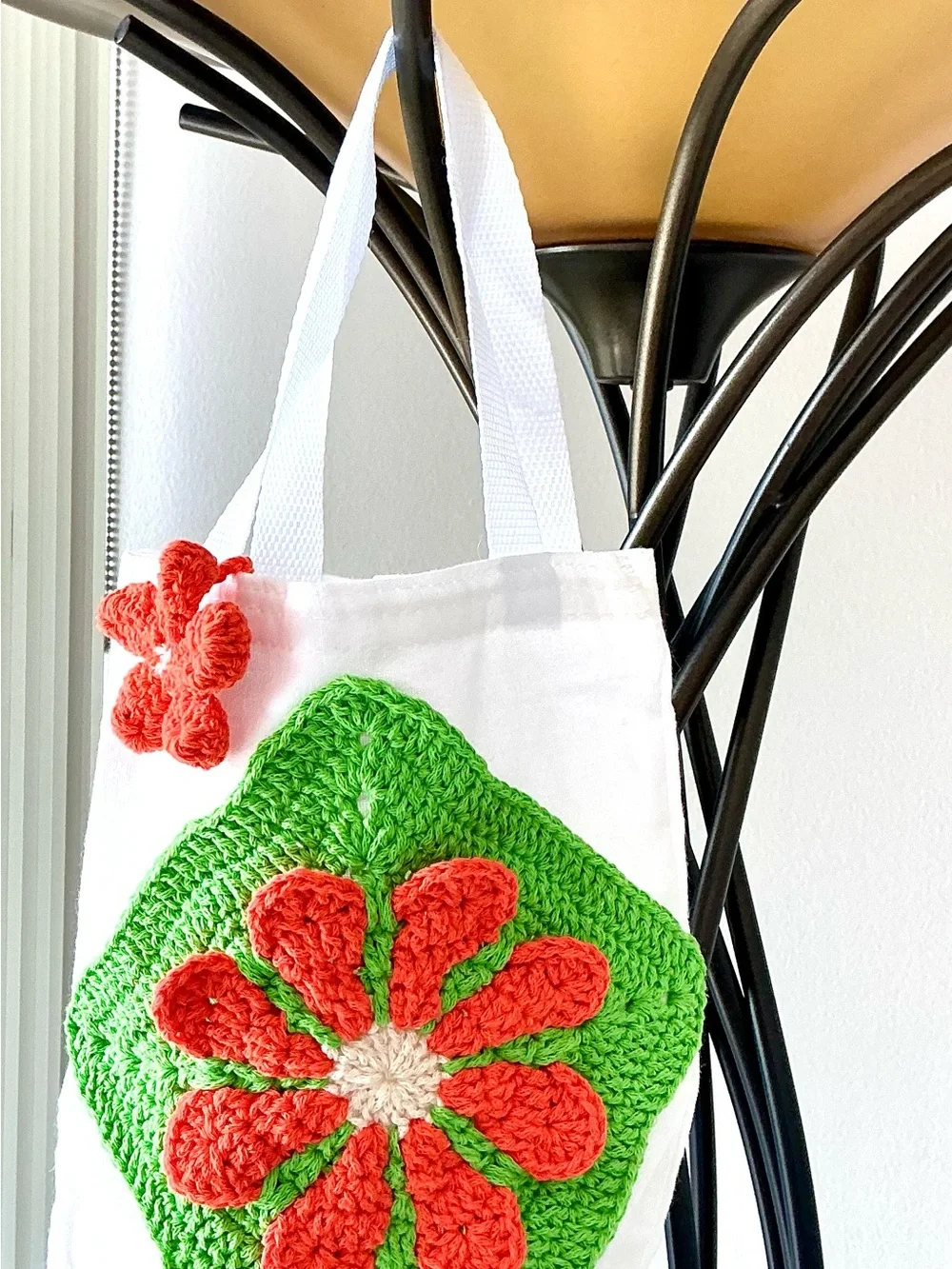 Small White Canvas Tote with Green & Orange Crochet Flower Accent